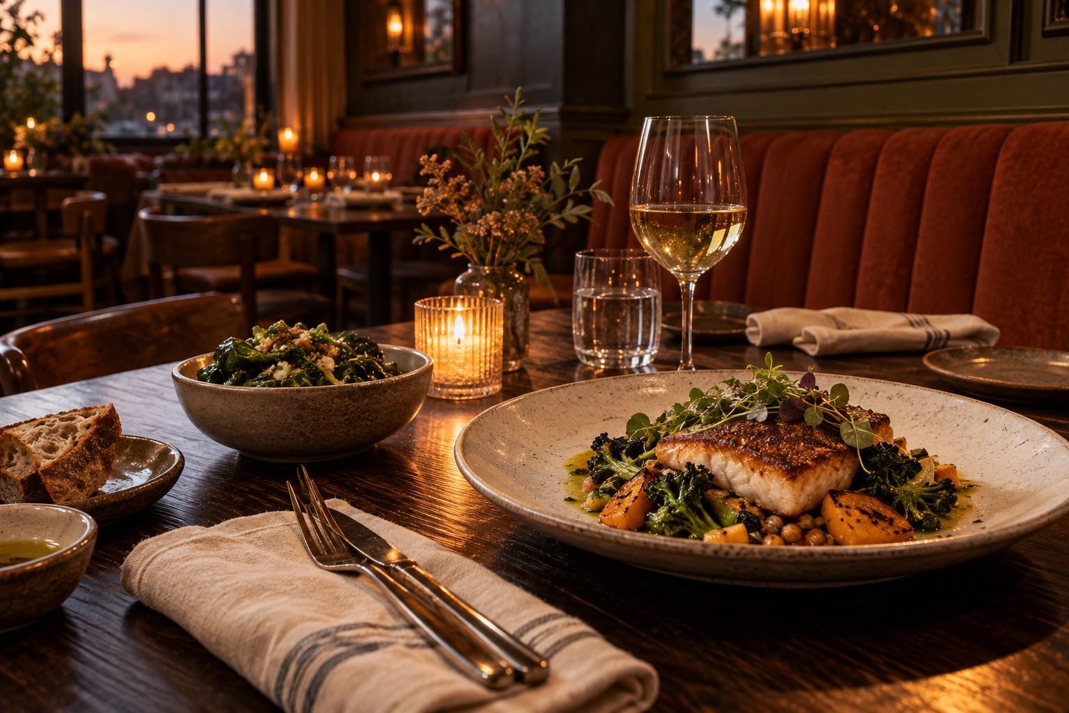 A warmly lit restaurant table, an AI-generated illustration